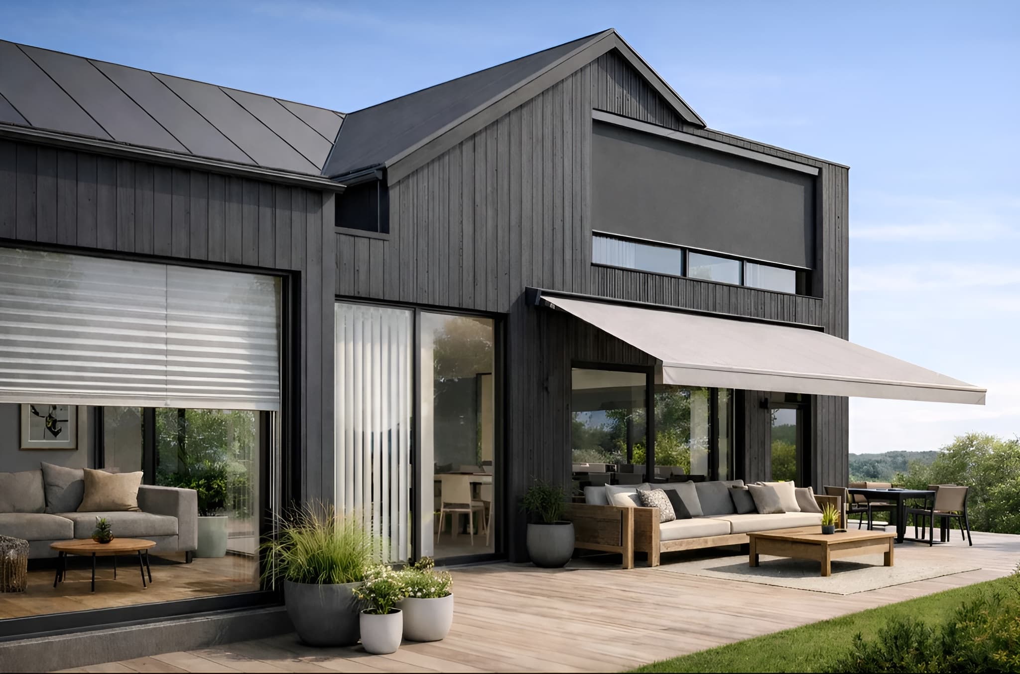 Screens og markise på terrasse med utsikt over hage