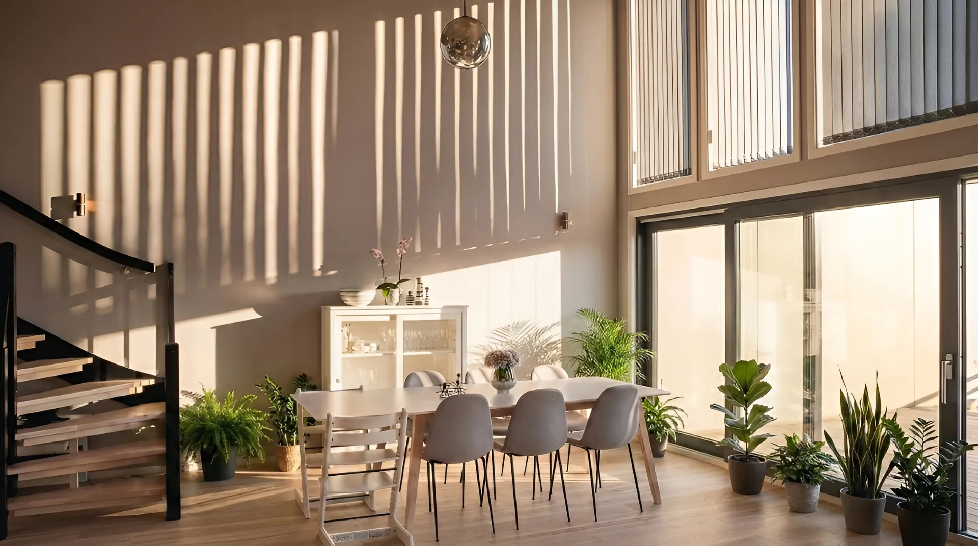 Plissegardiner i et lyst, moderne stueinteriør